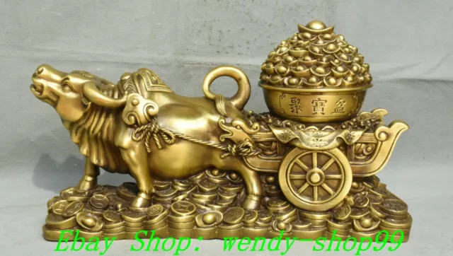 Old China Brass Copper Wealth Bull Pull Cart Coin Yuanbao treasure bowl Statue