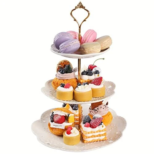 3 Tier Ceramic Cupcake Stands, Serving Tray with Embossed Patterns Cupcake