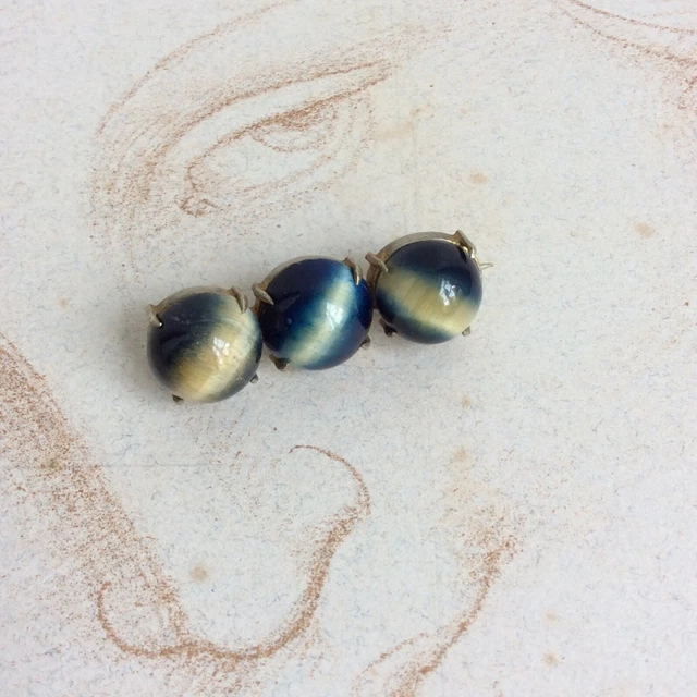 Broche Barrette Vintage  métal et Cabochons Oeil de Tigre Bleu