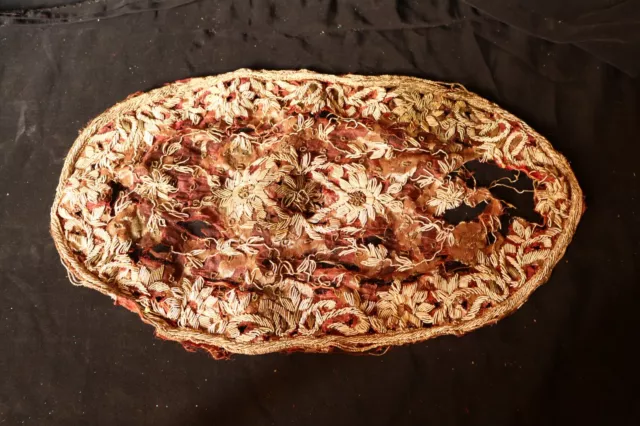 Vintage Doily Lace Crochet Embroidered With Metal Flowers Oval Red Small Doily