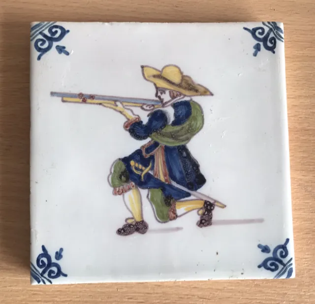 Antique Delft Polychrome Hand Painted Tile Depicting Soldier Man With Musket