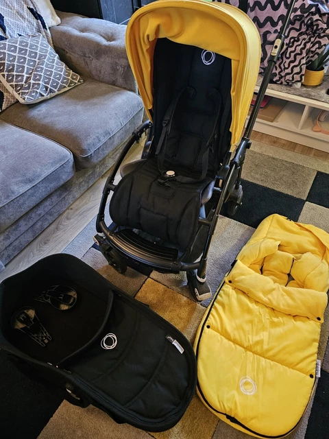 Bugaboo Bee 5 Pushchair, yellow hood. With footmuff, bassinet and rain cover