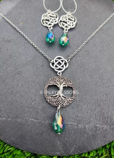 Conjunto collar y pendientes aro plata y verde celta vikingo árbol de la vida