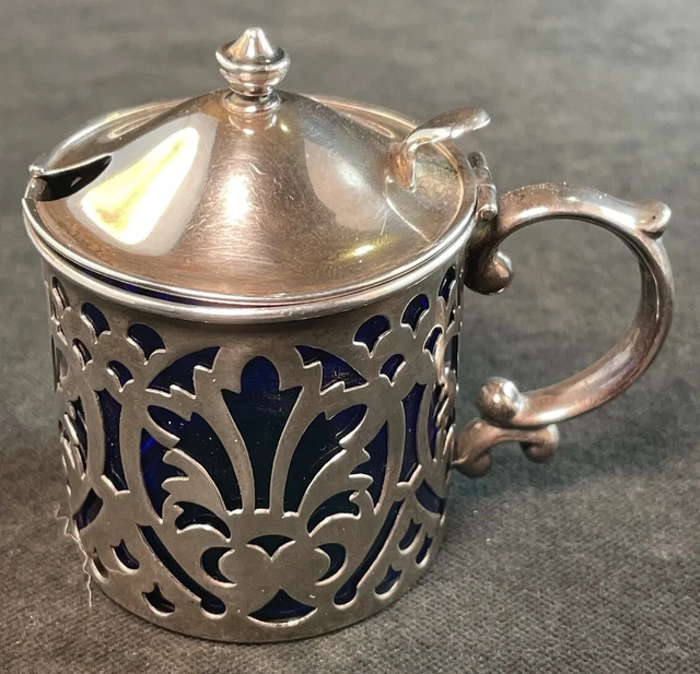 Pierced Sterling Silver Mustard / Condiment Pot / Jar Cobalt Glass Insert Watson