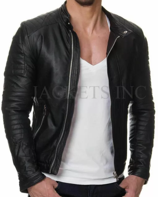 New Men's Genuine Lambskin CASUAL Leather Jacket Black Slim fit Biker Motorcycle