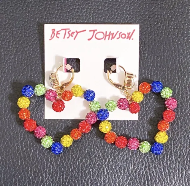 Betsey Johnson Rainbow Fireball Crystal Stone Heart Drop Earrings $52MSRP