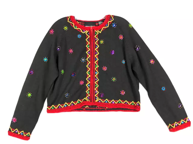 Michael Simon Sweater Sz Large Black Red Sequin Embroidery Christmas Holiday Zip