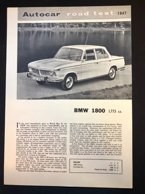 BMW 1800 - Road Test - Original Press Clipping 1963 - 5 Page Article