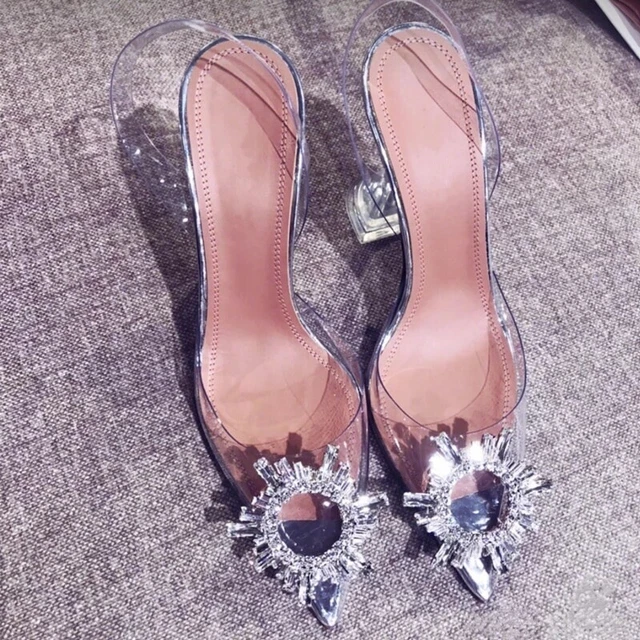 Ladies Clear Diamante Pointed Toe Womens Stiletto High Heels Perspex Shoes Size