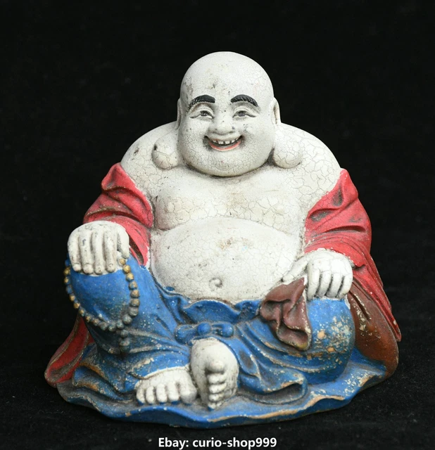 Old China Boxwood Painting Buddhism Happy Laugh Maitreya Buddha Money Bag Statue