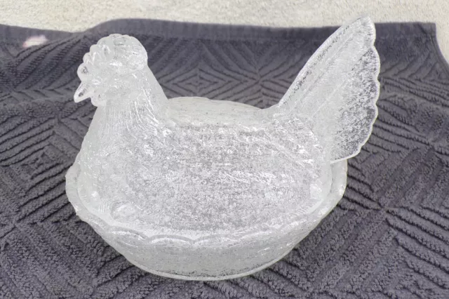 Vintage Glass Hen On Nest Chicken In Clear Glass Crackel Candy Dish,