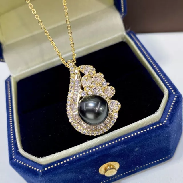Gorgeous AAAA++++ 9-10MM NATURAL TAHITIAN BLACK STUD PEARL PENDANT NECKLACE 18IN