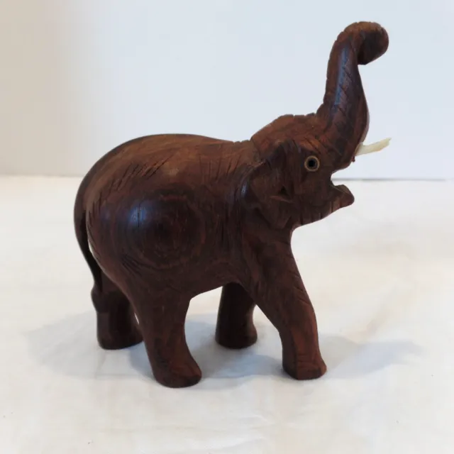 Hand Carved Wood Wooden Elephant Figurine Trunk Up  With Tusks India Vintage