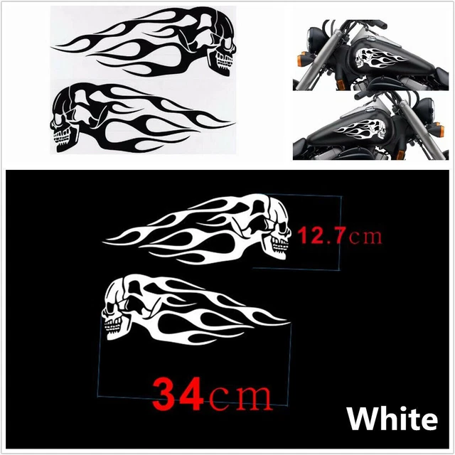 White Pair Durable Motorcycle Fuel Gas Tank Skull Flame Decal Sticker Waterproof