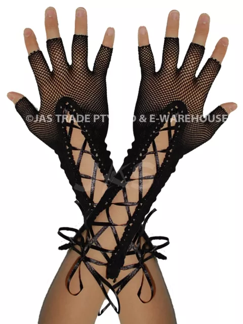 Sexy Lingerie Half Finger Goth Gothic Punk Corset FISHNET RIBBON Gloves Black