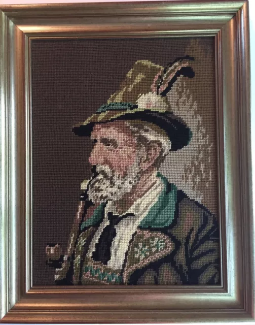 Needlepoint Finished Framed Old German Swiss Man Beard Smoking Pipe Wall Decor
