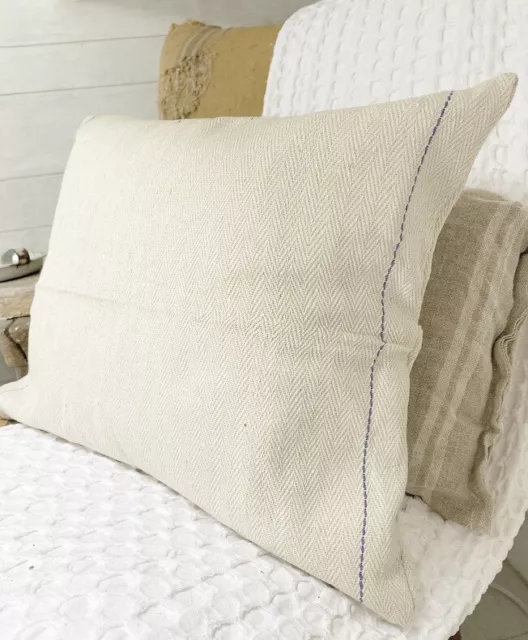 Vintage Herringbone Weave Grain Sack Blue Stripe Cotton Cushion Cover Natural