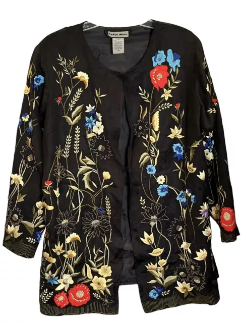 Indigo Moon Black Embroidered Artsy Long Duster Jacket Blazer Sz 1X