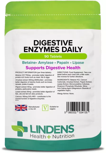 Lindens Digestive Enzymes Daily Tablets W/ Betaine Hcl Amylase Papain Lipase
