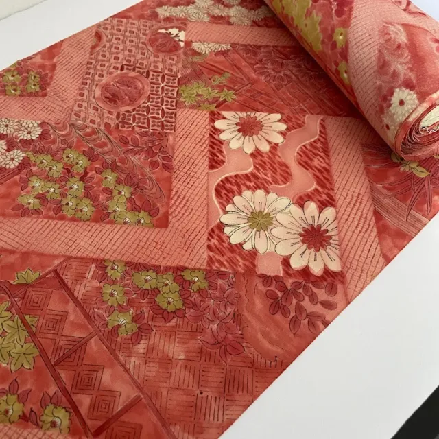 Pink Meadow Kyoto Tango Chirimen Silk UnUsed BOLT By the Yard Kimono Fabric BS3