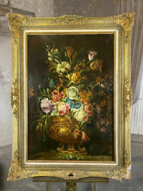 ÖLGEMÄLDE BLUMEN STILLLEBEN GEMÄLDE ANTIK GROSS 69x100cm PRUNKRAHMEN 2