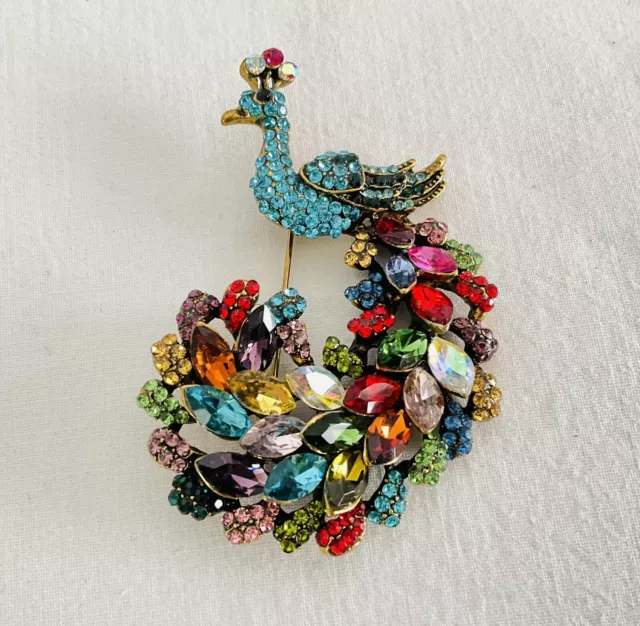 Vintage Peacock Brooch Pin~Rhinestone Crystal~Antiqued Gold Multi-Color
