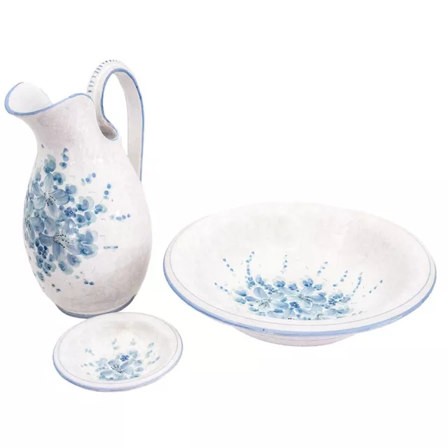Tris set di ceramiche fiori blu dipinte a mano Deruta lavabi antichi toelette