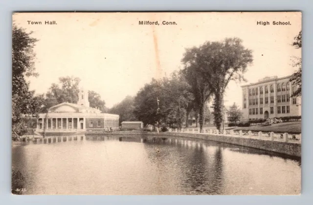 Milford CT-Connecticut, High School, Town Hall, Antique Vintage Postcard
