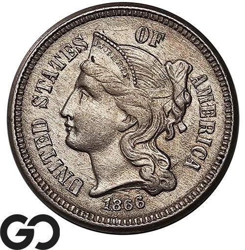 1866 Three Cent Nickel Piece, Brilliant Uncirculated ** Free Shipping!