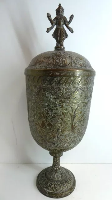 Ornate Engraved Asian Brass Lidded Urn Chalice Goblet Hindu Statue Deity