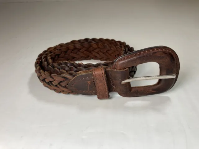Vtg Genuine Leather Belt + Buckle Brown Woven Braided Boho Hippie SZ ML 32-34”