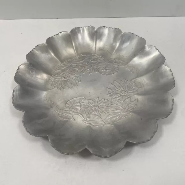 Vtg Farber & Shlevin Hand Wrought Aluminum Shallow Bowl Sunflowers Ruffled Edges