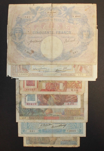 Lot 7 billets : 100, 50 et 10 francs