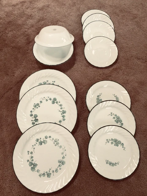 Set Of 12 Corelle Ivy Green Swirl Callaway Dinner Dessert Saucer Plates & Bowls