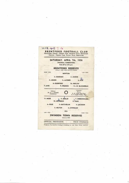 1955/56 Brentford v Swindon Town Football Combination Programme