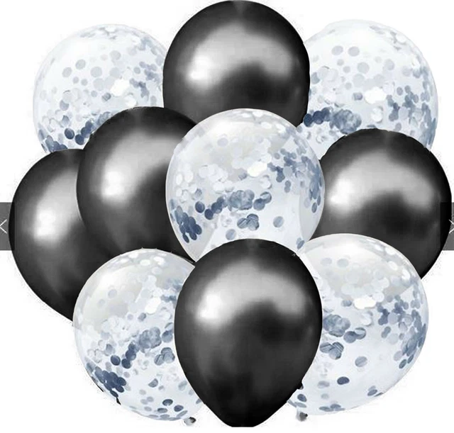10 Large Balloons Metallic Black & Clear With Silver Confetti  Birthday Party