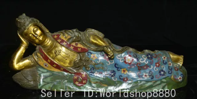 14.8" Old Chinese Cloisonne Enamel copper Sleeping Guan Yin Boddhisattva statue