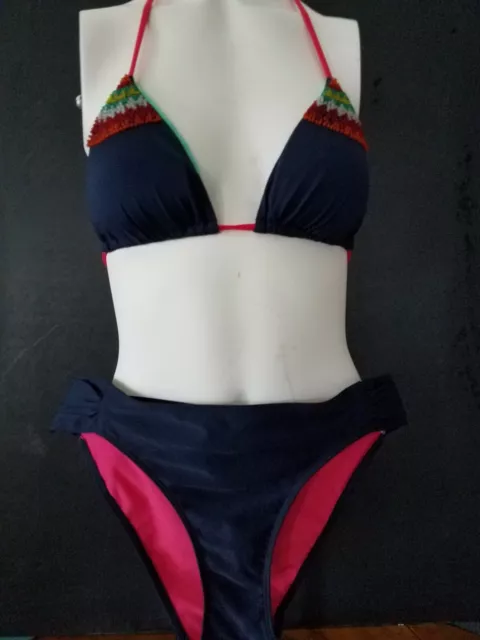 Hollister 2 Piece Bikini Swimsuit Navy Blue Beaded Triangle Med Top Large Bottom