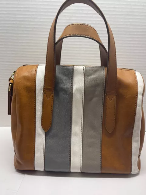 Fossil Sydney Satchel  Bag Gray and Cream Stripe 2 Handle Leather