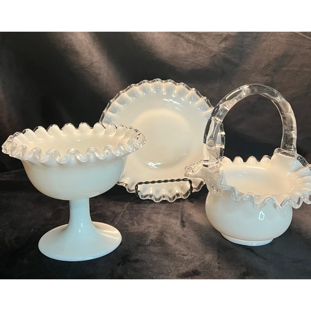 Set of 3 Vintage FENTON Ruffle Edge Silvercrest Milkglass Compote, Basket and Pl