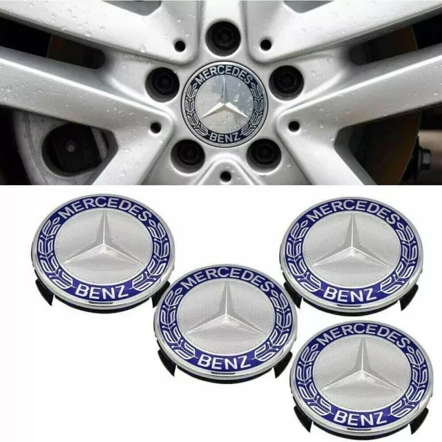 LOT 4 Cache Moyeu 75mm BLEU Pour Mercedes Logo Emblème Jante Centre De Roue