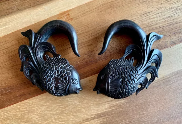 PAIR Hand Carved Koi Fish Wood Taper Ear Hangers Organic Plugs Tunnels Gauges