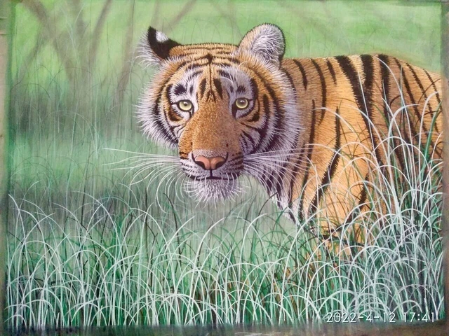Vie Sauvage Indien Tigre Peinture Fait à la Main Peint Art Sur Soie Décor
