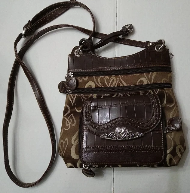 Tan and Brown Cross Body Shoulder Bag, 5 Pocket, Small Heart Pattern Bag