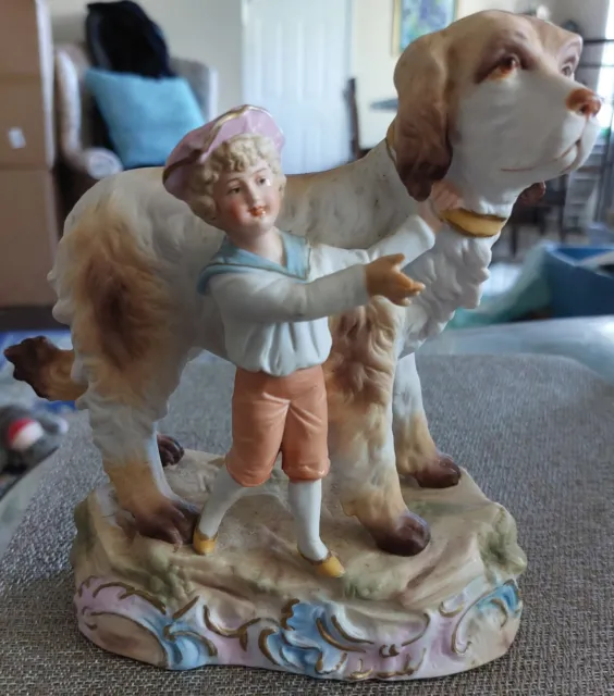 19Th Century German Bisque Porcelain Boy & Dog Heubach Figurine