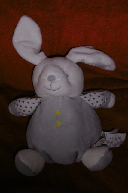 Doudou Peluche OBAIBI OKAIDI LAPIN BOULE GRIS BLANC ETOILE   2 DISPOS