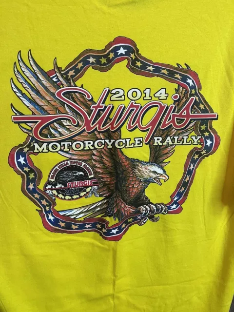 Sturgis 2014 Motorcycle Rally T- Shirt Mens Large Yellow Soaring Eagle