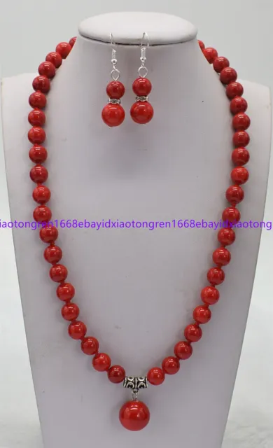 New 8mm Natural Red Coral Round Gemstone Beads Pendant Necklace Earring Set