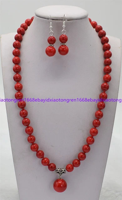 New 8mm Natural Red Coral Round Gemstone Beads Pendant Necklace Earring Set