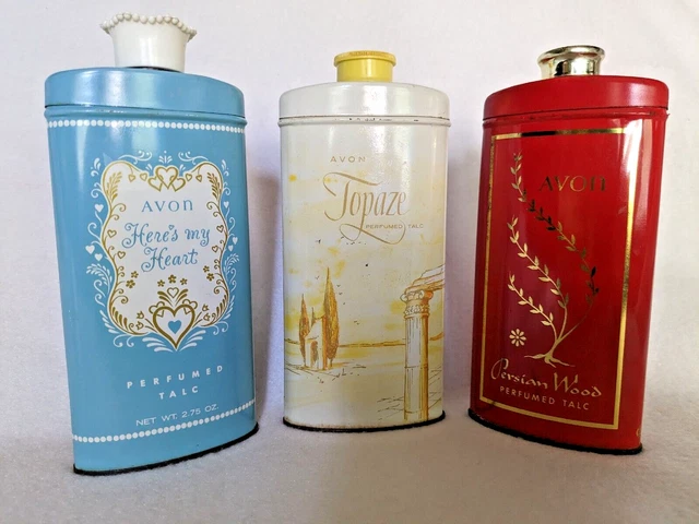 3 Vintage Avon Here's My Heart Perfumed Talc Tin, Persian Wood, Topaze Red Blue